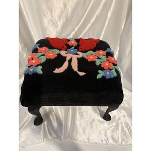 Vintage Needlepoint Black Velvet Bird Flowers Stitching Footstool Metal Feet